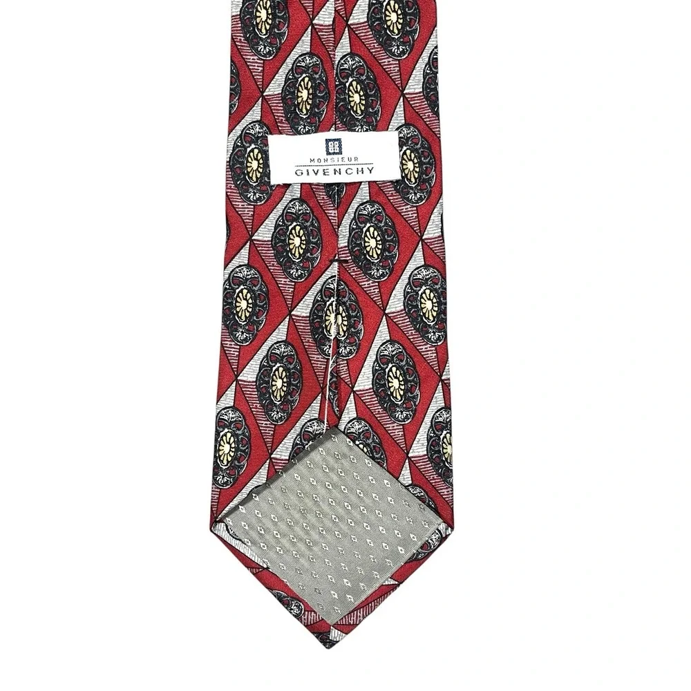 Vtg Givenchy Monsieur 100% Silk Luxury Necktie Red Medallion Print USA Made